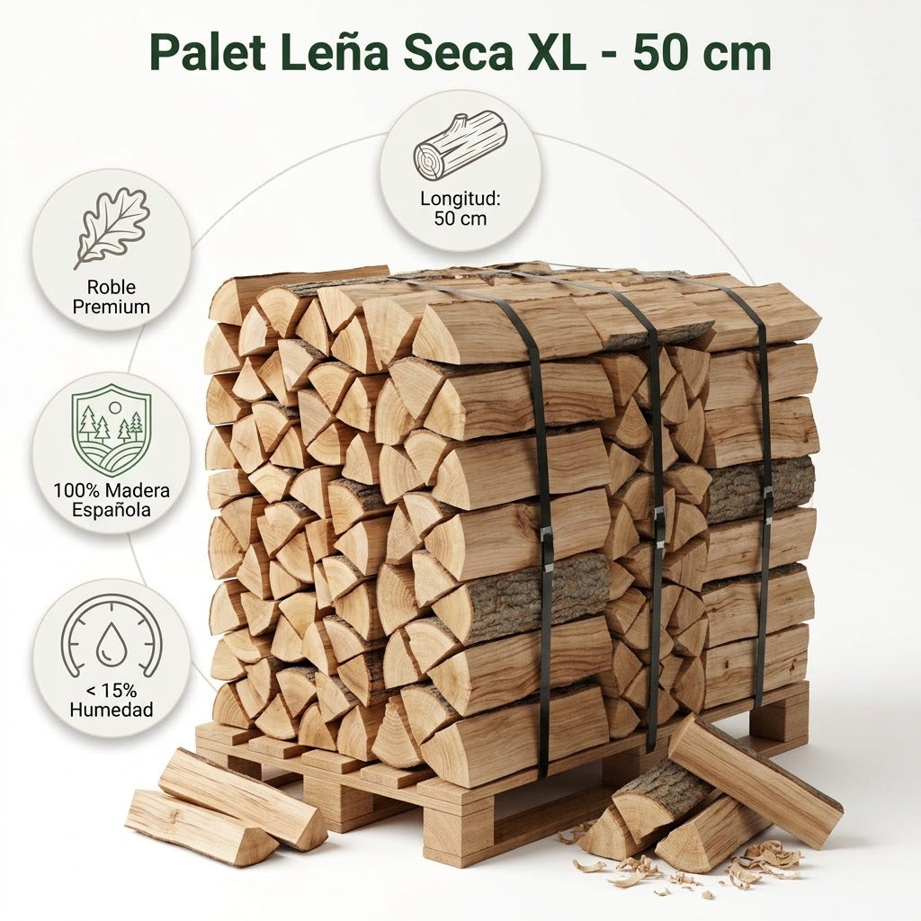 Palet Leña Seca de Roble y Haya XL - 50 cm (2 Estéreos / 900 kg approx.)