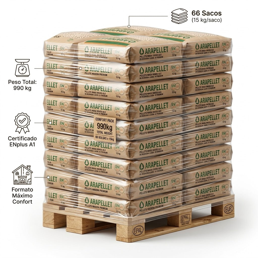 Palet Confort - 66 Sacos (990 kg) | Pellets Premium